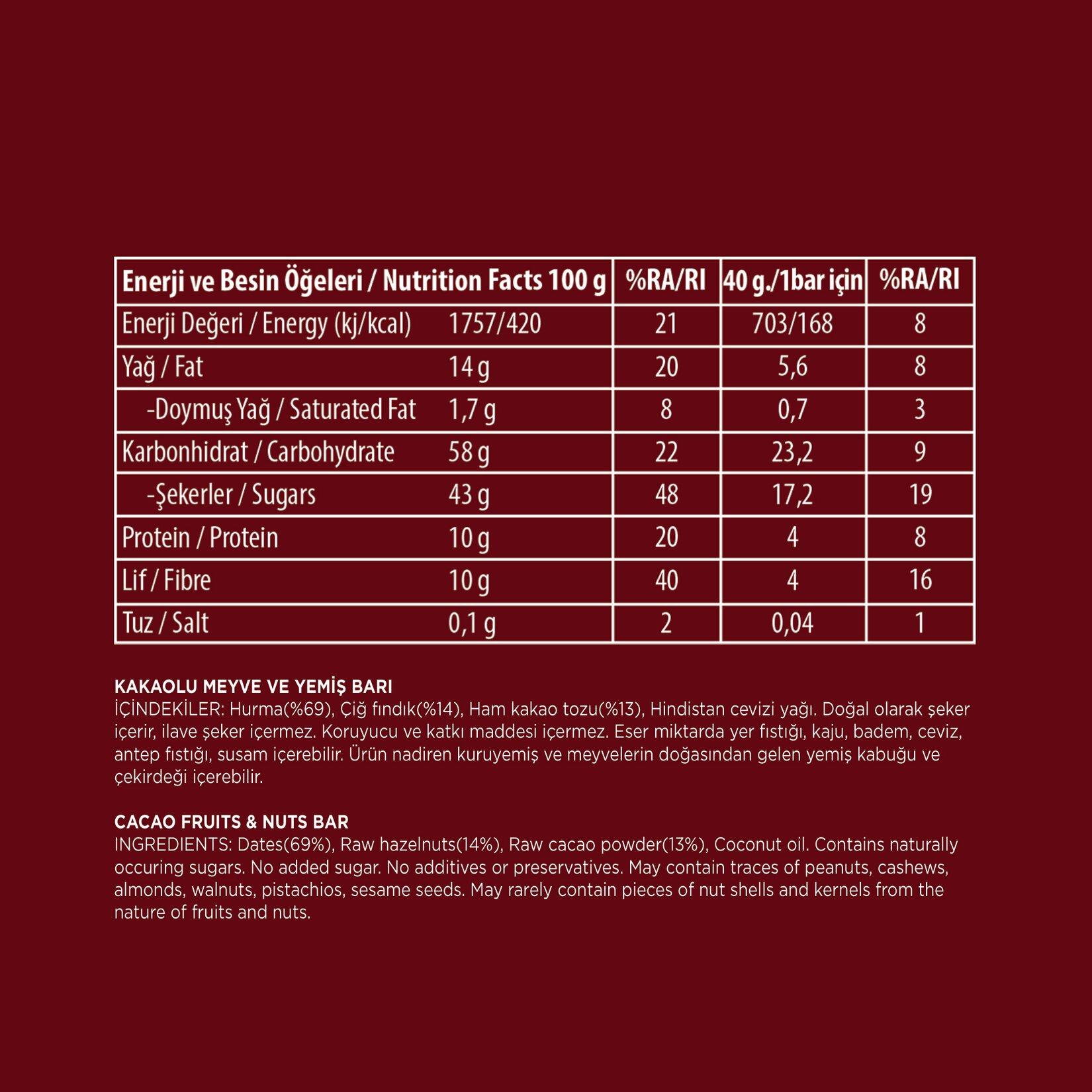 Ham Kakaolu Meyve ve Yemiş Barı 40gr