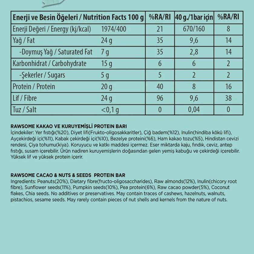 Ketojenik Kakao ve Kuruyemişli Protein Bar 40gr x 12 Adet