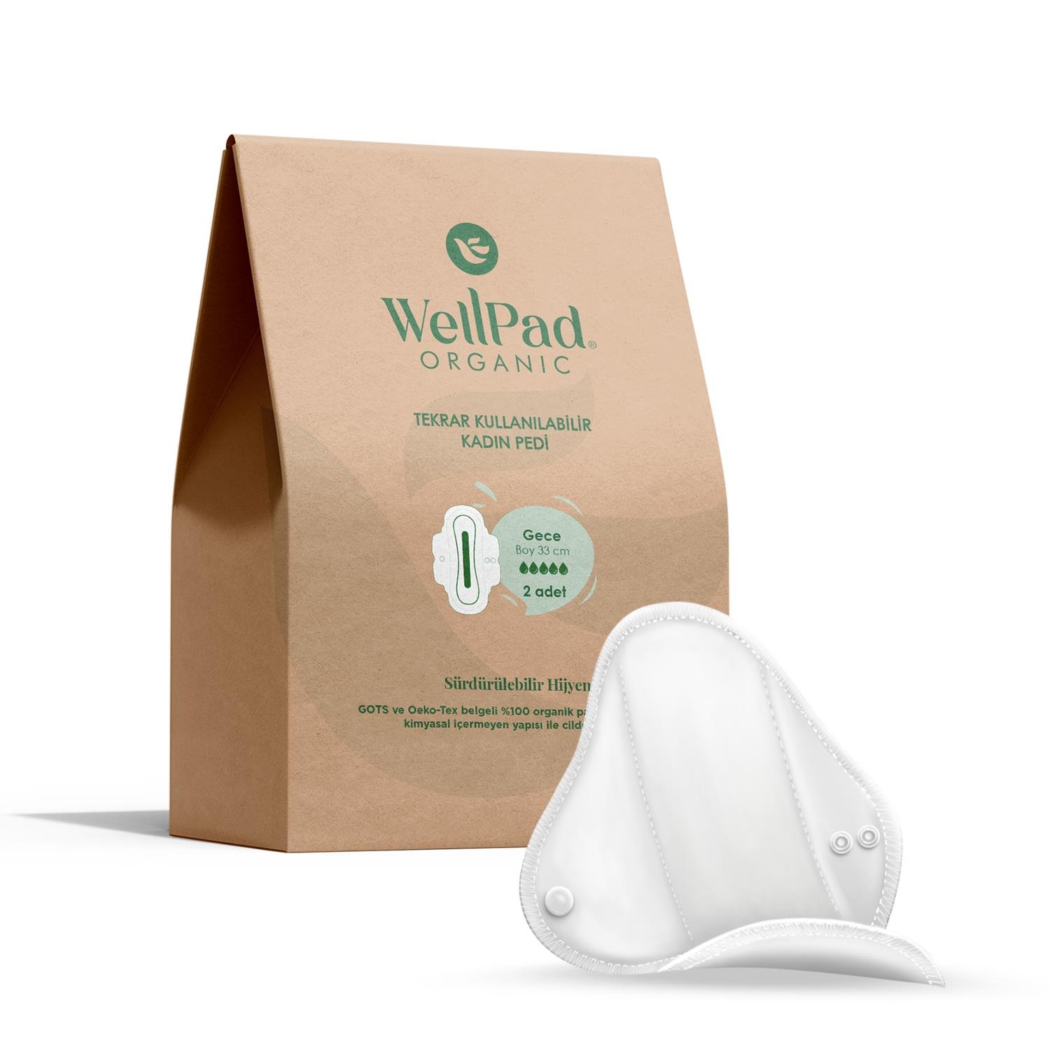 WellPad Organic Tekrar Kullanılabilir Hijyen ve İdrar Kaçırma Pedi - Gece 2'li
