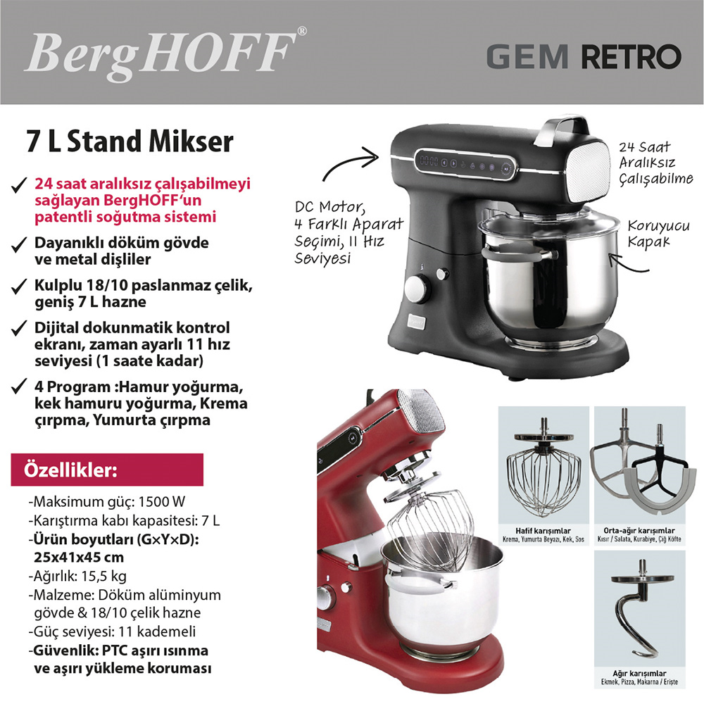 Berghoff Gem Retro Artisan Stand Mikser 7 L KırmızıBerghoff
