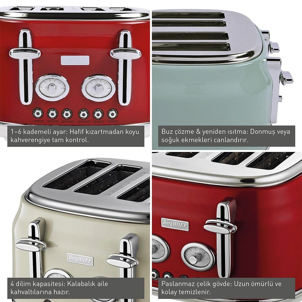 Berghoff Gem Retro Ekmek Kızartma Makinesi 4 Dilim KremBerghoff