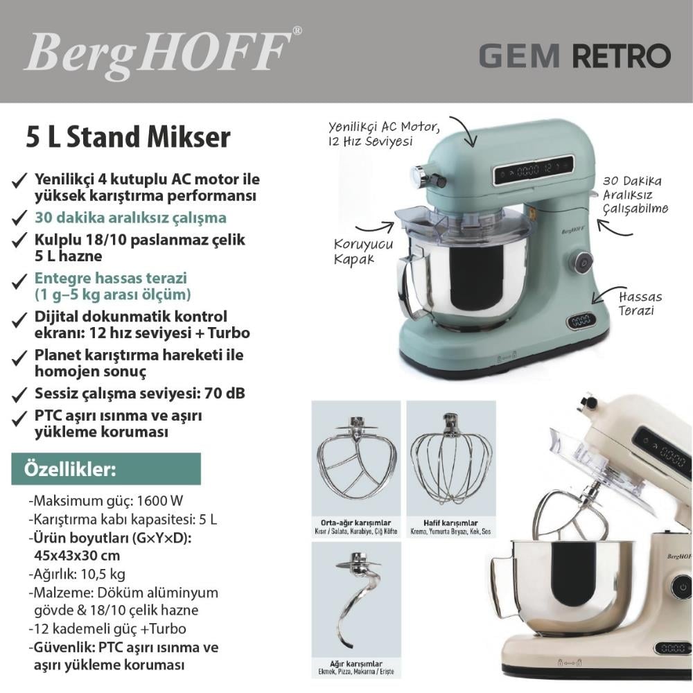 Berghoff Gem Retro Stand Mikser 5 L Mint YeşiliBerghoff