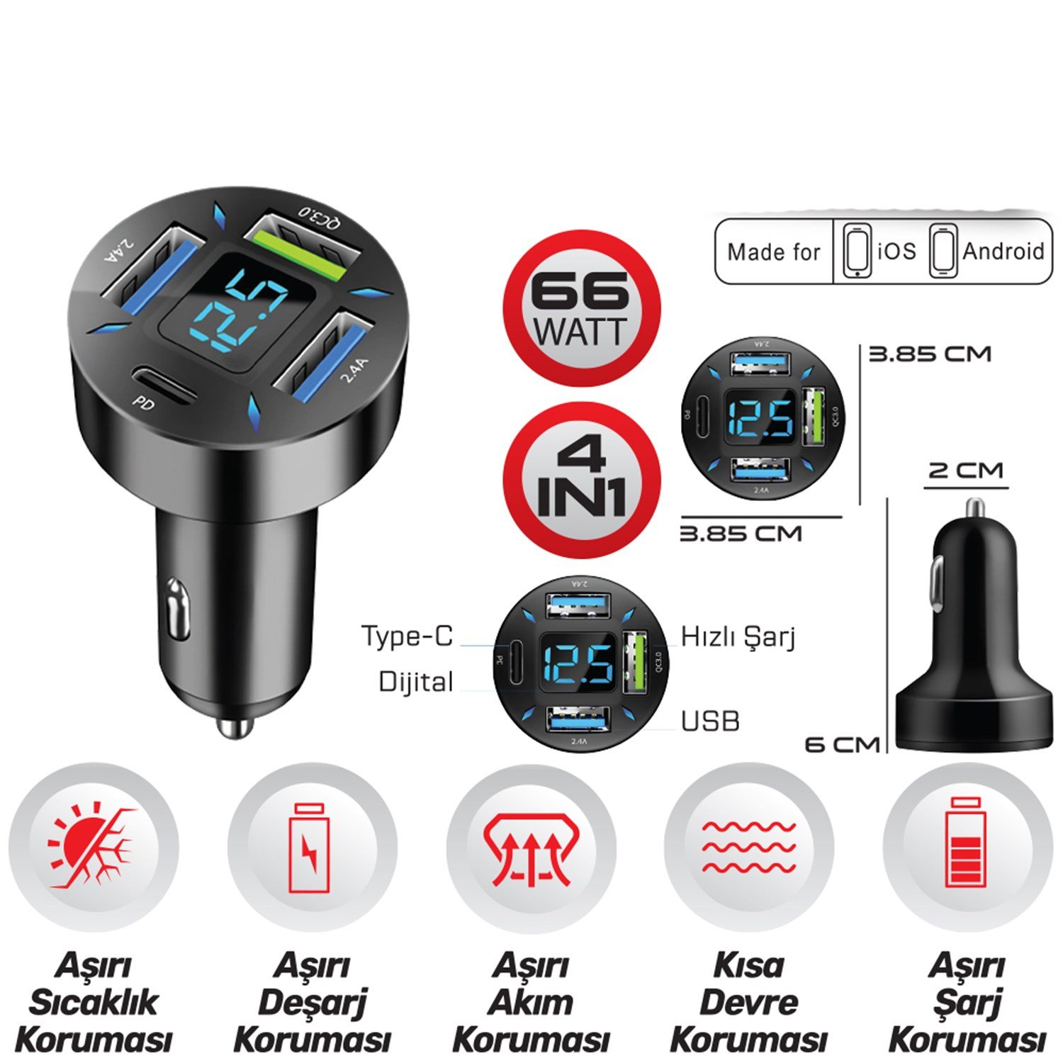 Carub Araç Çakmak Hızlı Şarj Soketi Dijital 4in1 66W BR5901848