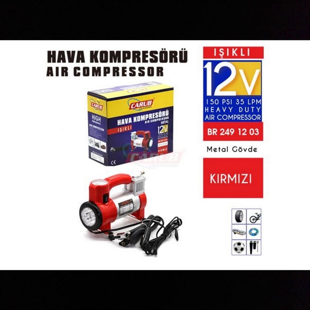 Carub Hava Kompresörü 12V Metal Led Işıklı Kırmızı