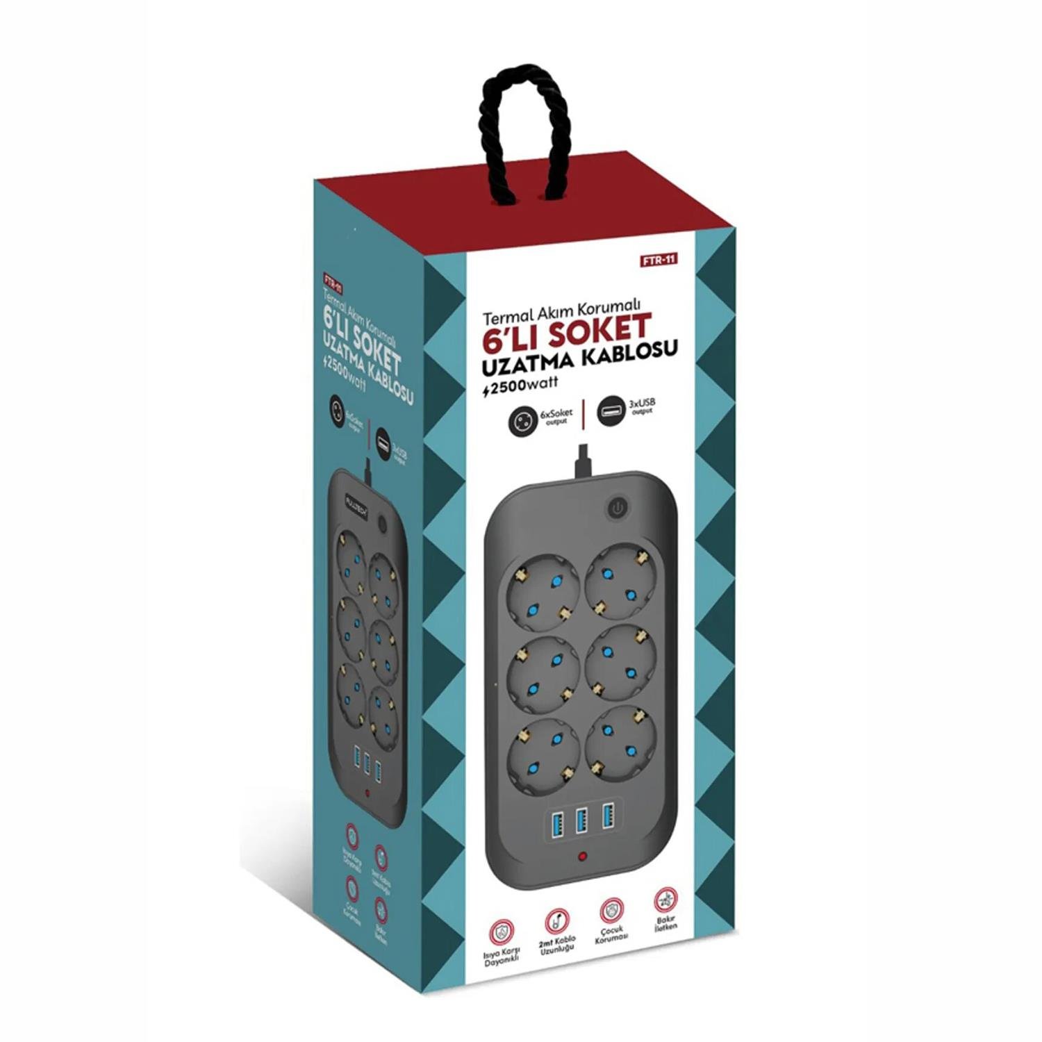 Fulltech 6 Priz 3xusb 10A 2 Mt Kablo 2500W Akım Korumalı Priz Ftr-11
