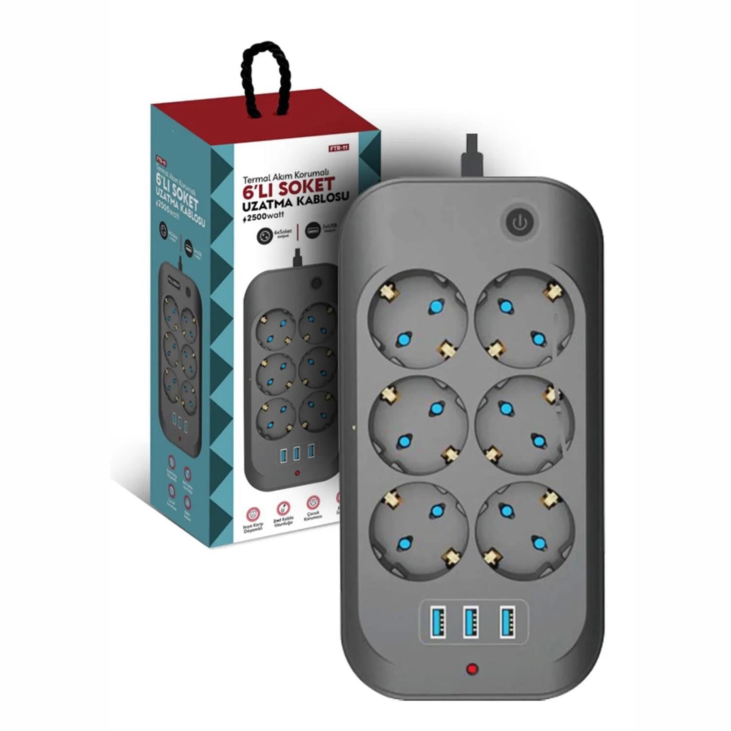 Fulltech 6 Priz 3xusb 10A 2 Mt Kablo 2500W Akım Korumalı Priz Ftr-11