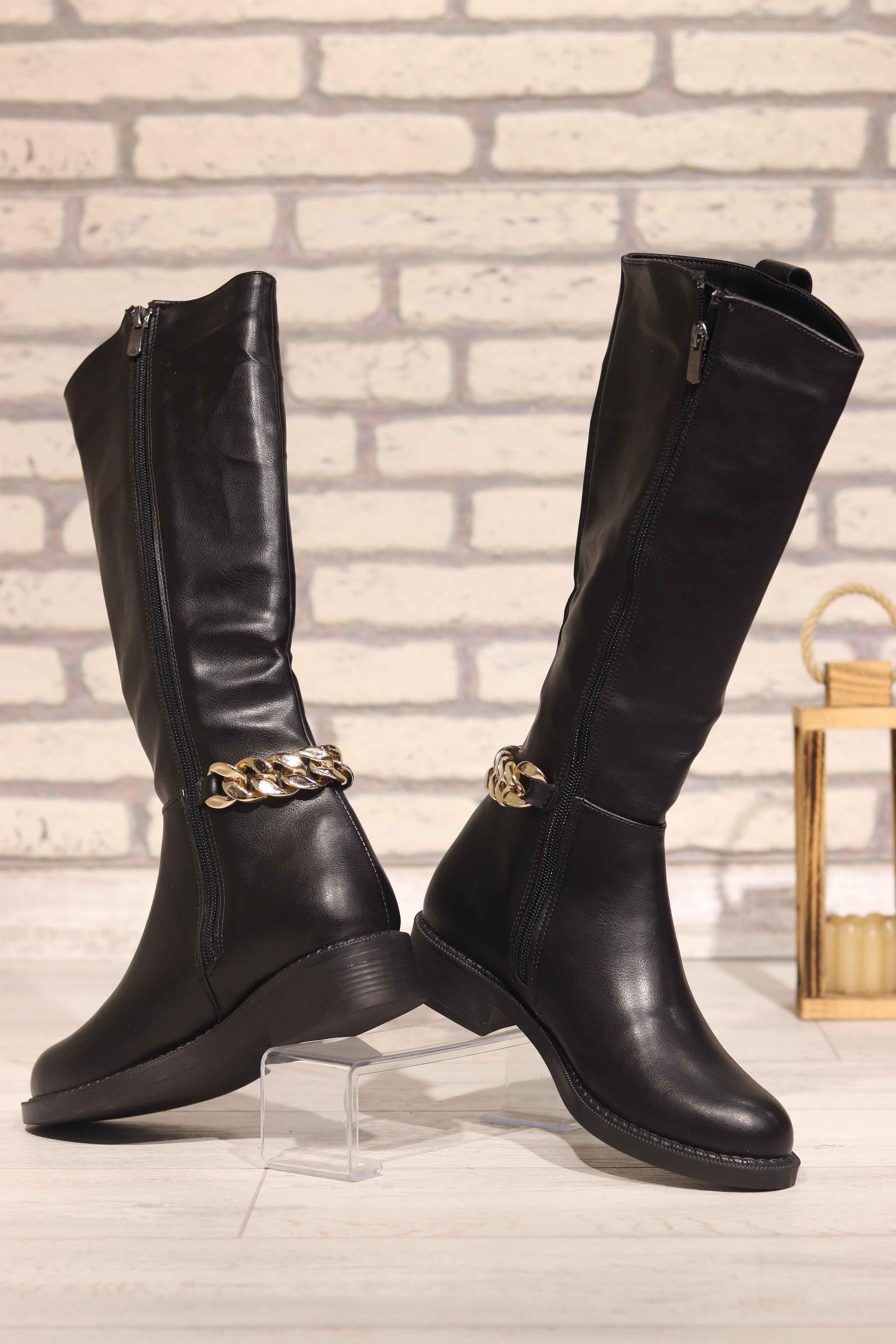 Arkası Zincir Detaylı Dizaltı Kadın Çizme 310 - SIYAH