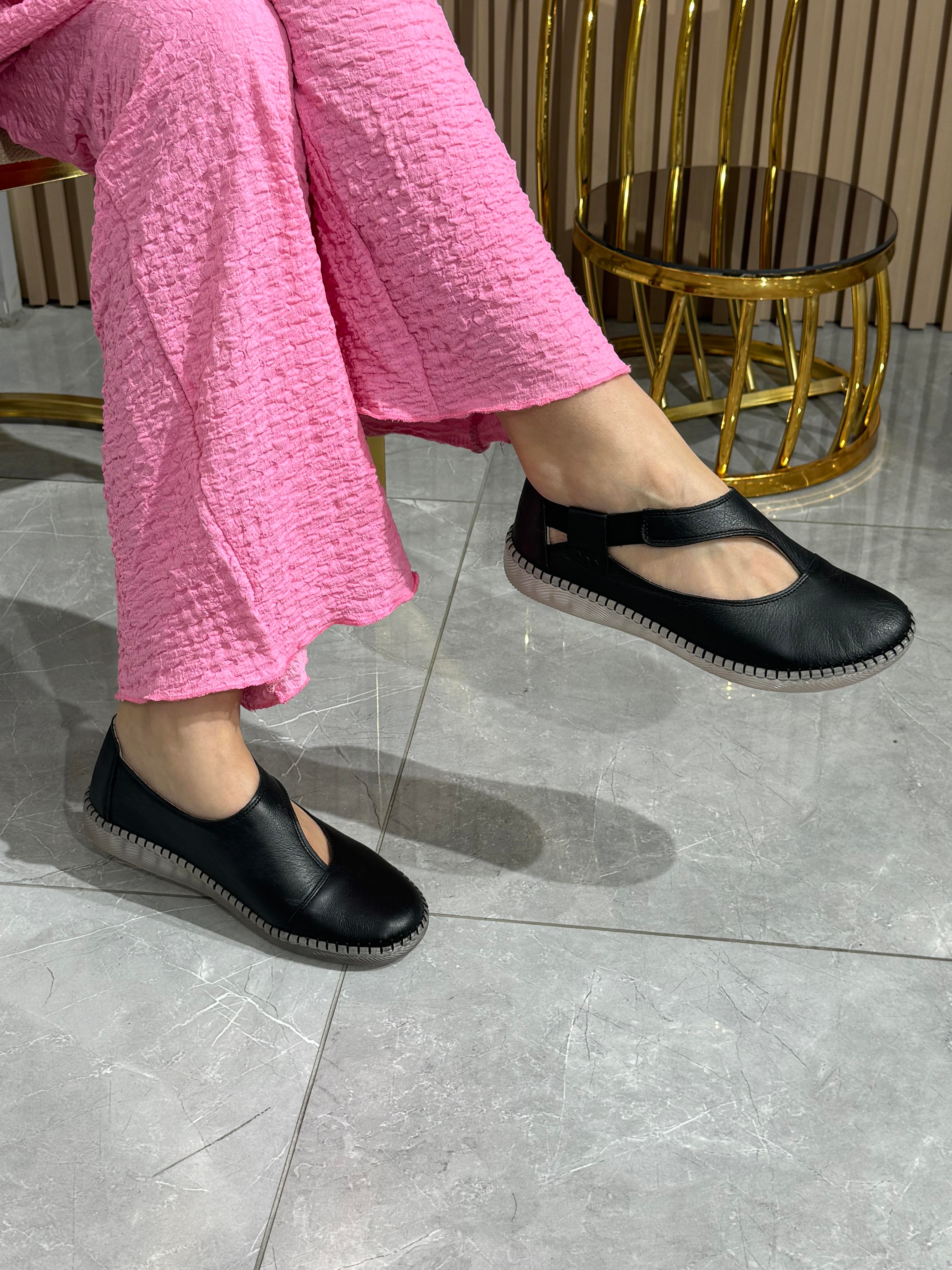 Hakiki Deri Lastikli Kadın Babet Ayakkabı 4053