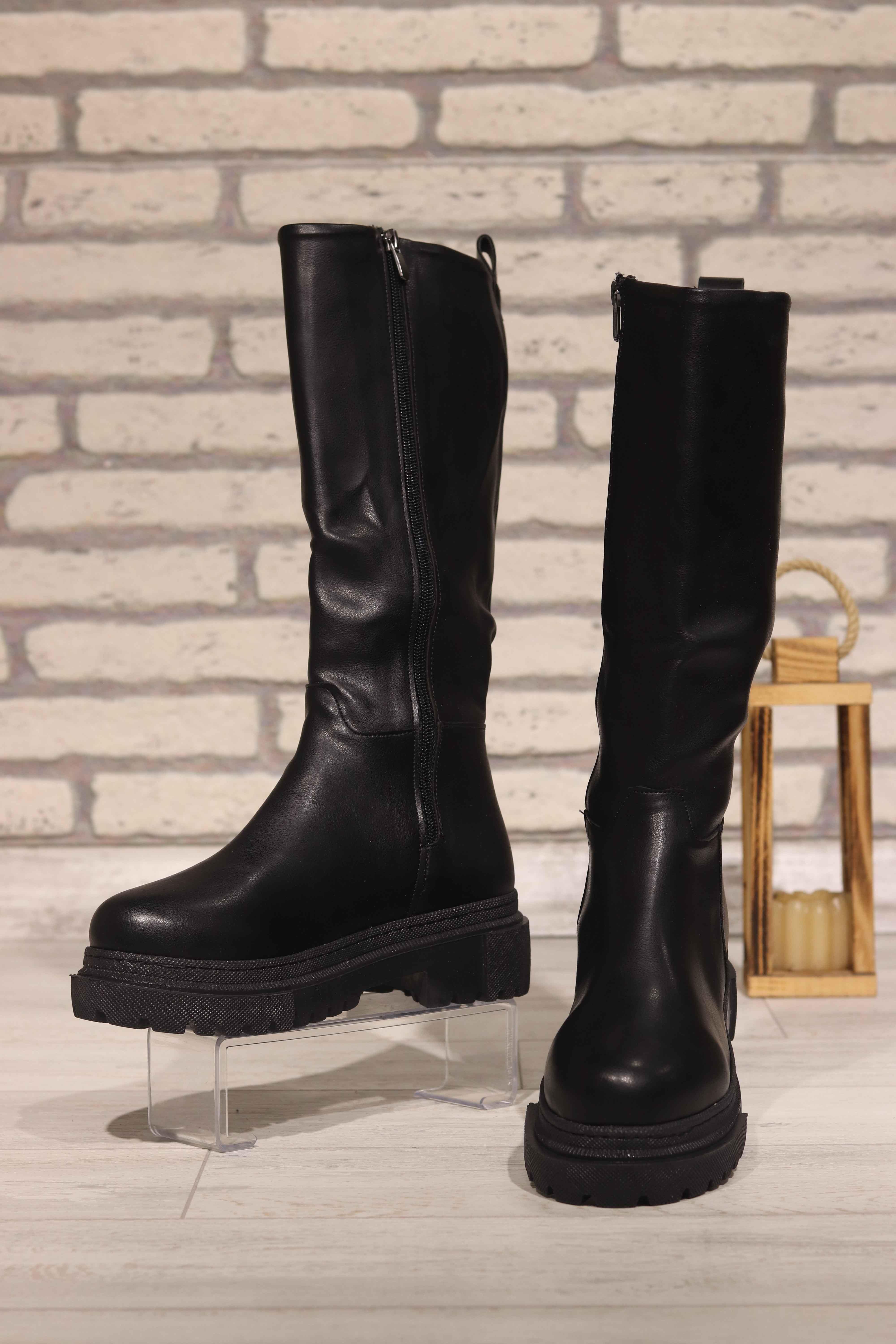 Kalın Taban Dizaltı Kadın Çizme 265 - SIYAH