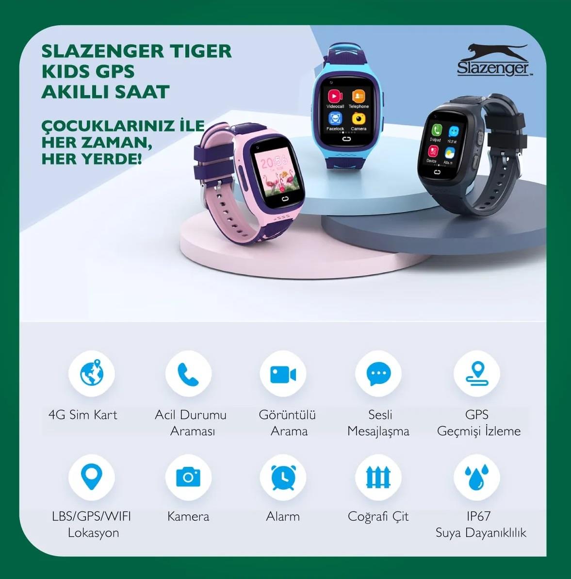 SL.09.2158.5.04 Slazenger  Tiger Kids Marka Sim Kartlı Çocuk Akıllı Kol Saati Görüntülü Ve Sesli Arama Yapılabilir Ortam Dinlemesi Ve Ortam Görüntüsü Alınabilir Konum Takibi Yapılabilir PEMBE MOR RENK