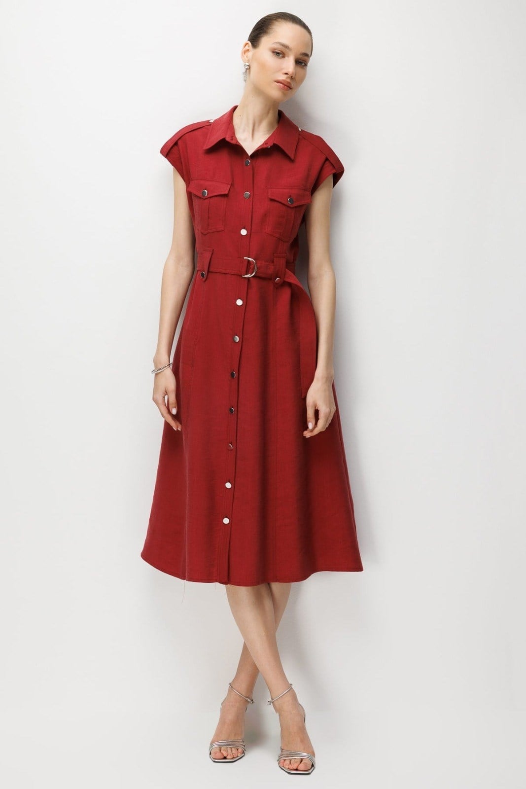 MODA İLGİ Beli Kuşaklı Midi Boy Elbise 60134 BORDO