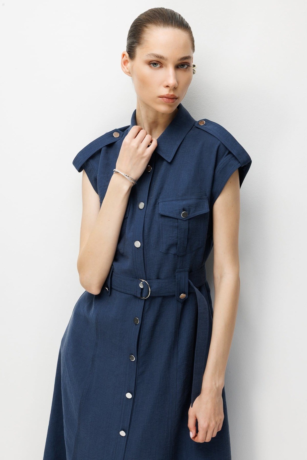 MODA İLGİ Beli Kuşaklı Midi Boy Elbise 60134 İNDİGO