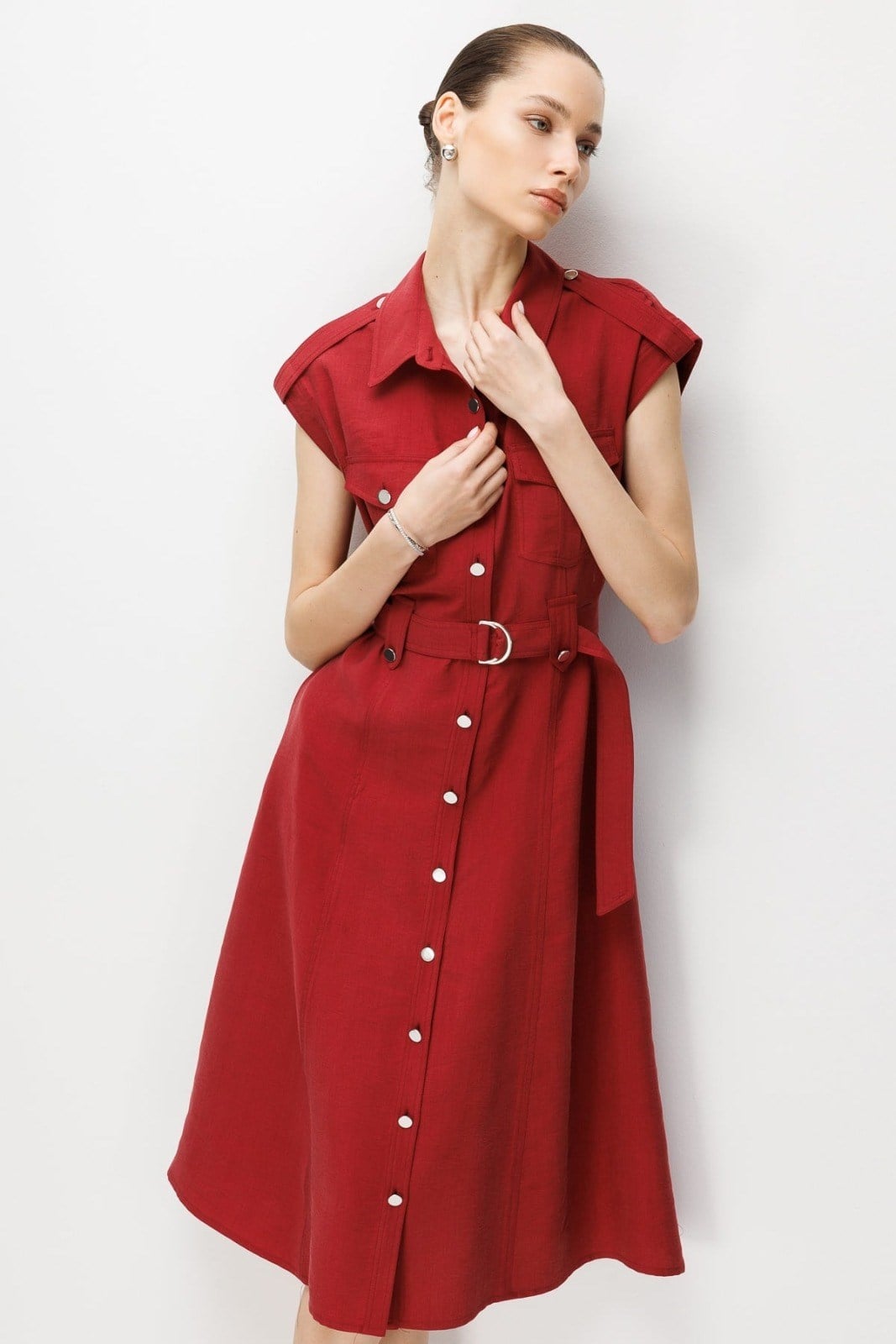 MODA İLGİ Beli Kuşaklı Midi Boy Elbise 60134 BORDO