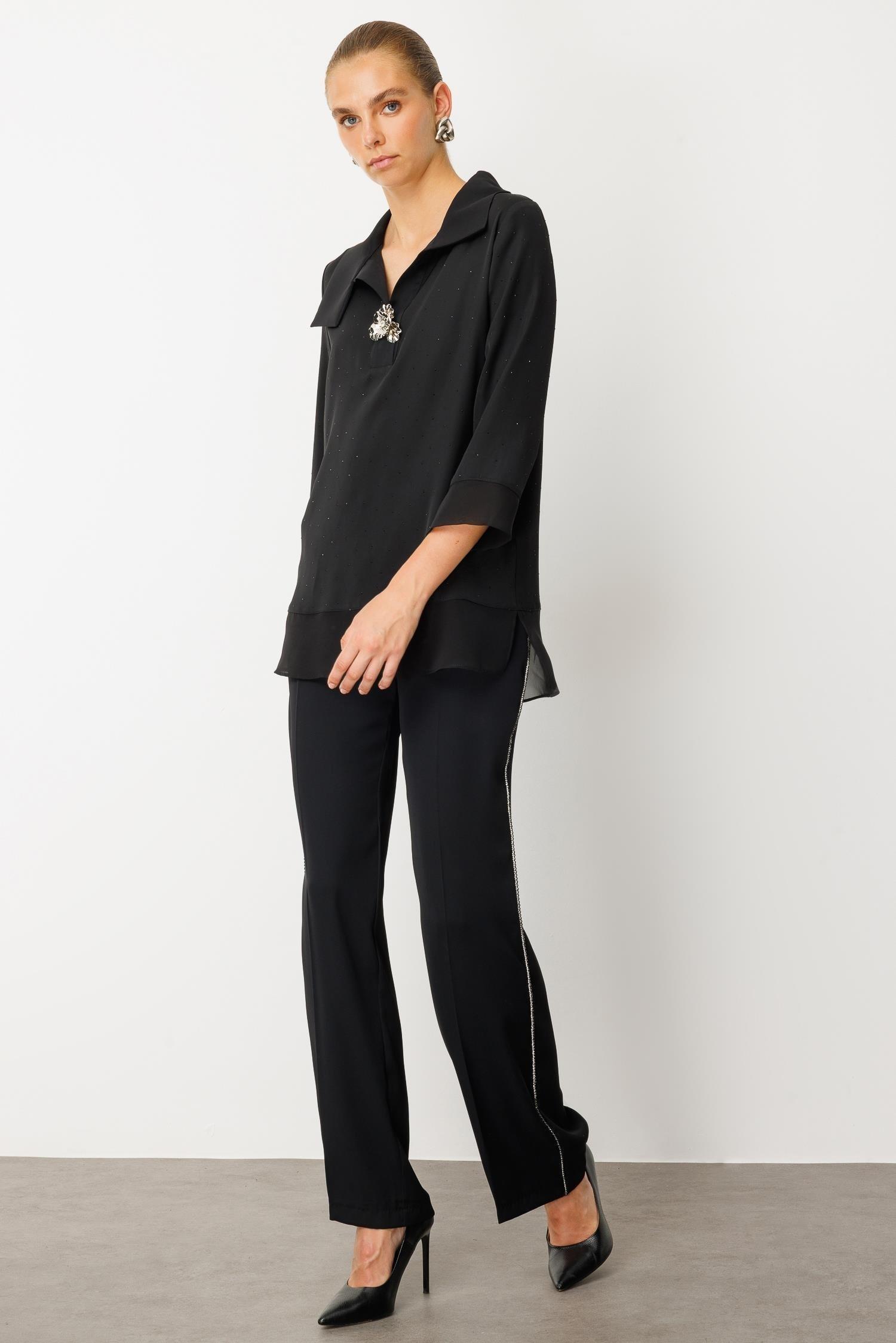 MODAİLGİ  Broş Detaylı Bluz 10002 Siyah