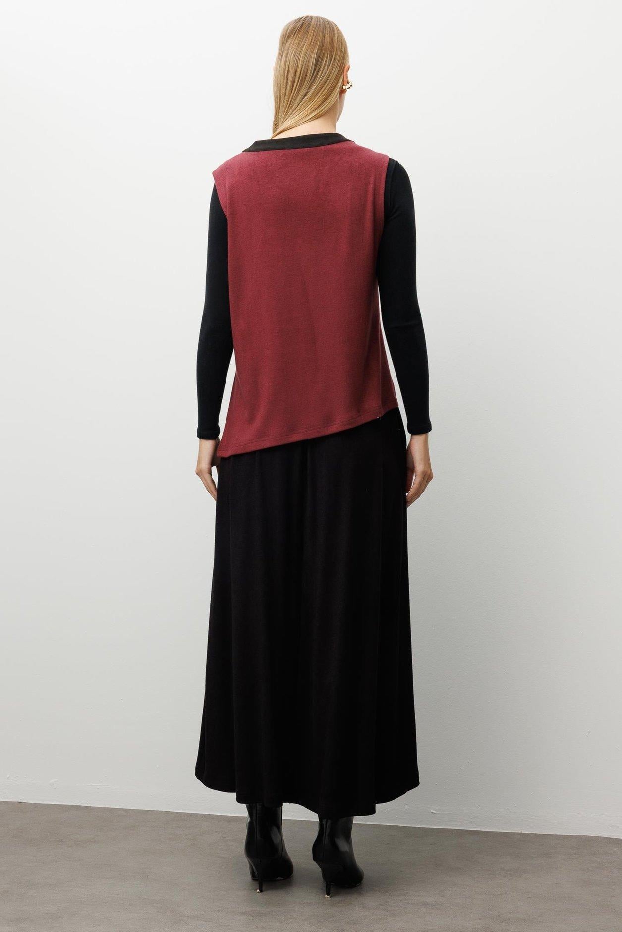 MODAİLGİ İşlemeli Asimetrik Triko Yelek 77015 Bordo