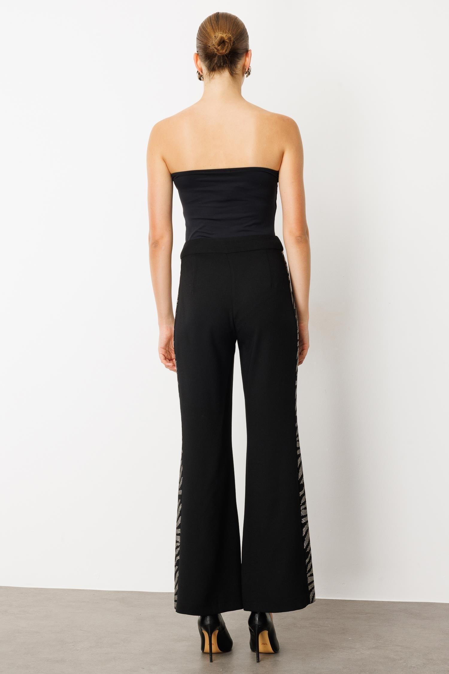 MODAİLGİ Taş Şeritli Bol Paça Pantolon 40065 Siyah