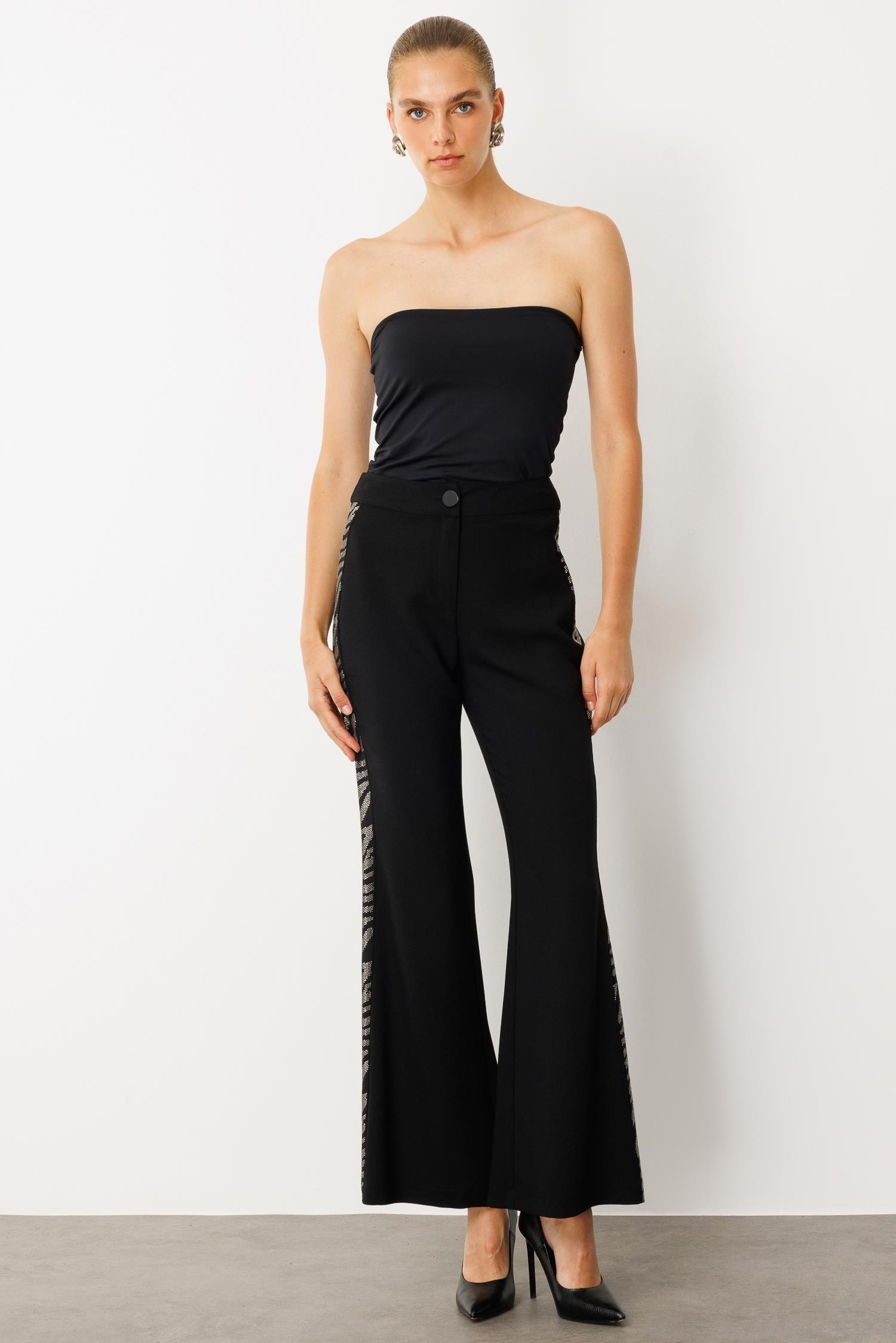 MODAİLGİ Taş Şeritli Bol Paça Pantolon 40065 Siyah