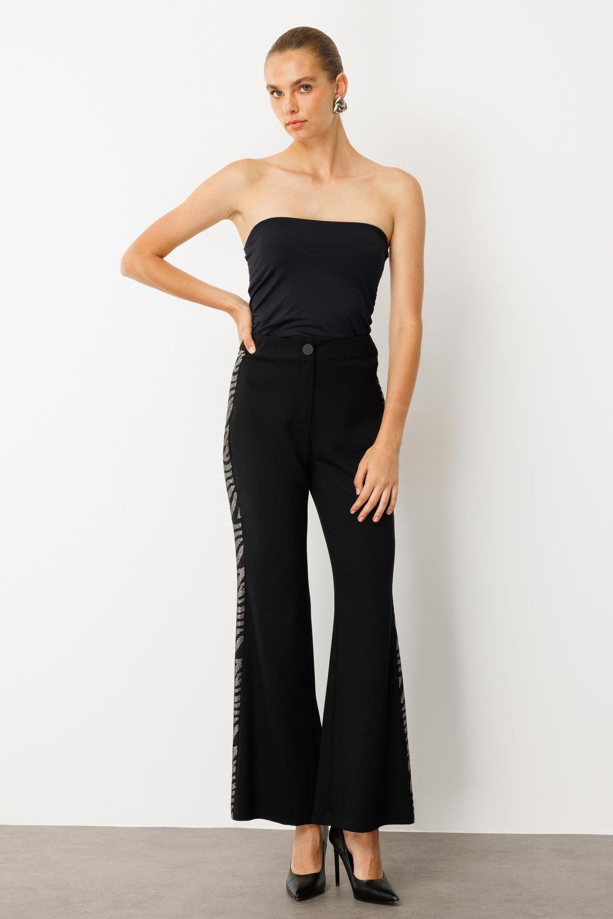MODAİLGİ Taş Şeritli Bol Paça Pantolon 40065 Siyah
