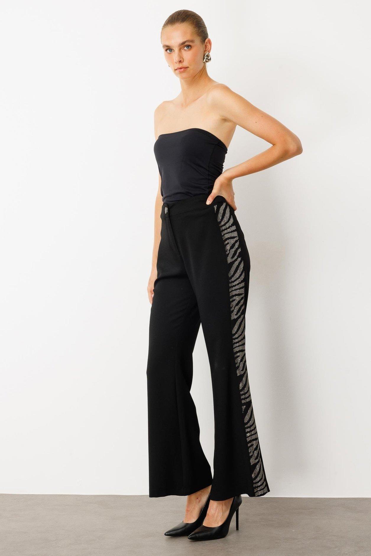 MODAİLGİ Taş Şeritli Bol Paça Pantolon 40065 Siyah