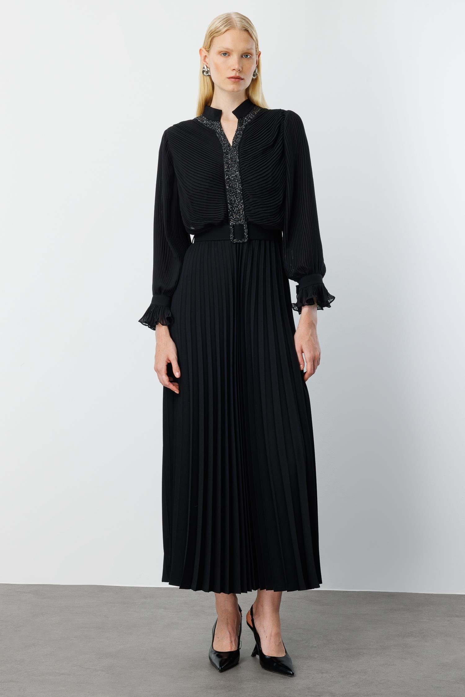 MODAİLGİ TAŞLI PLİSELİ ELBİSE 60060 Siyah