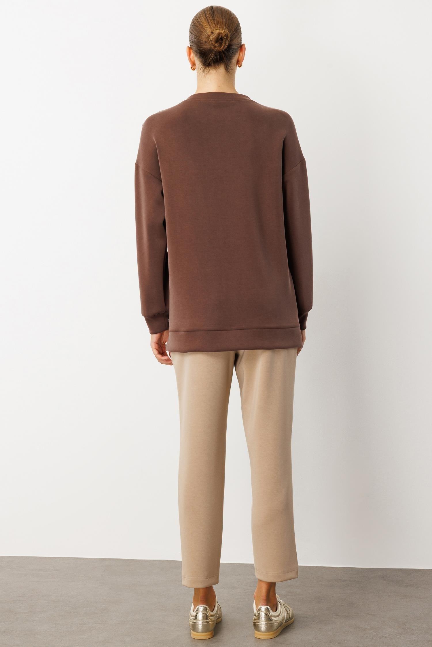 MODAİLGİ Zımbalı Kesikli Oversize Örme Tunik 15062 Kahve