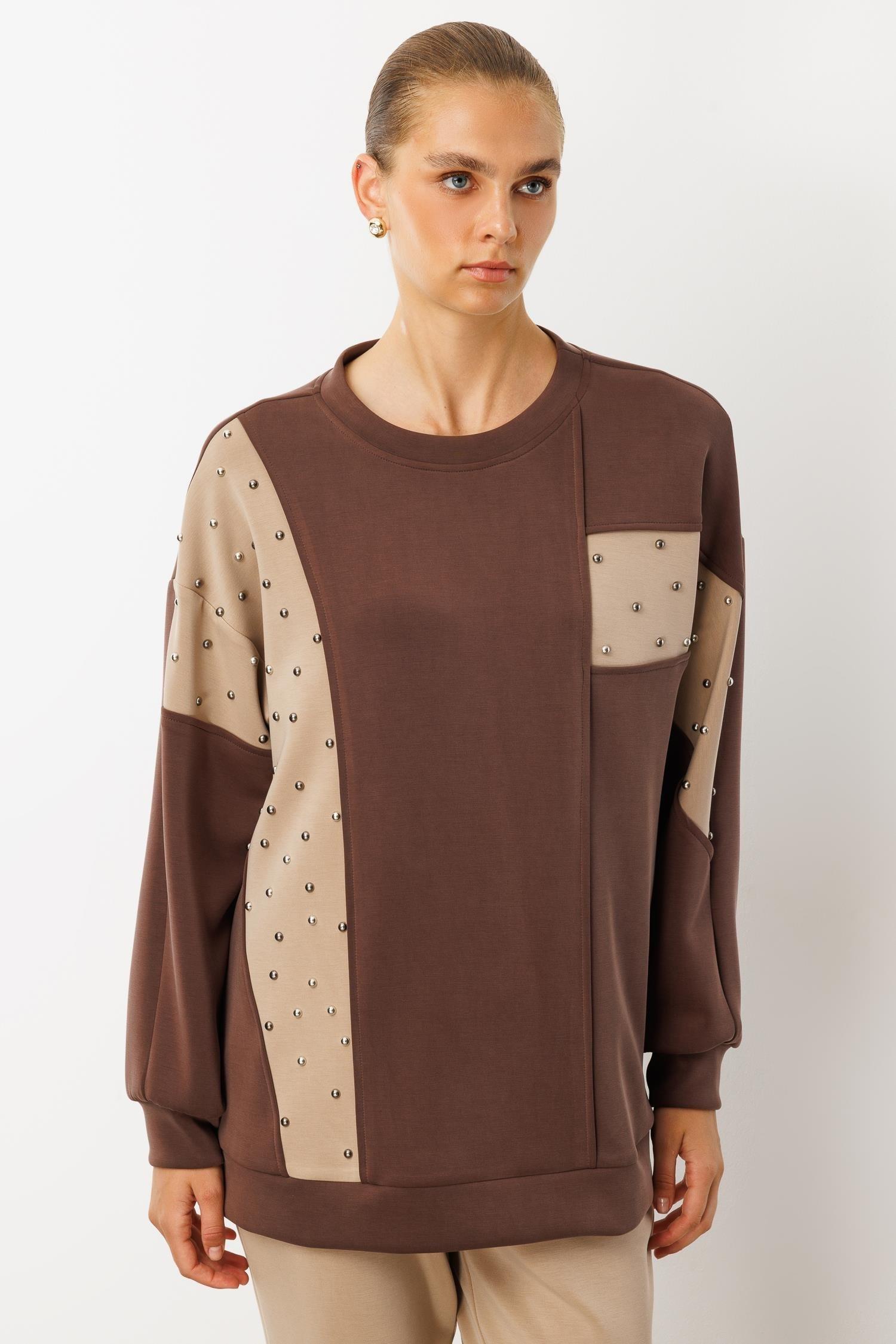 MODAİLGİ Zımbalı Kesikli Oversize Örme Tunik 15062 Kahve