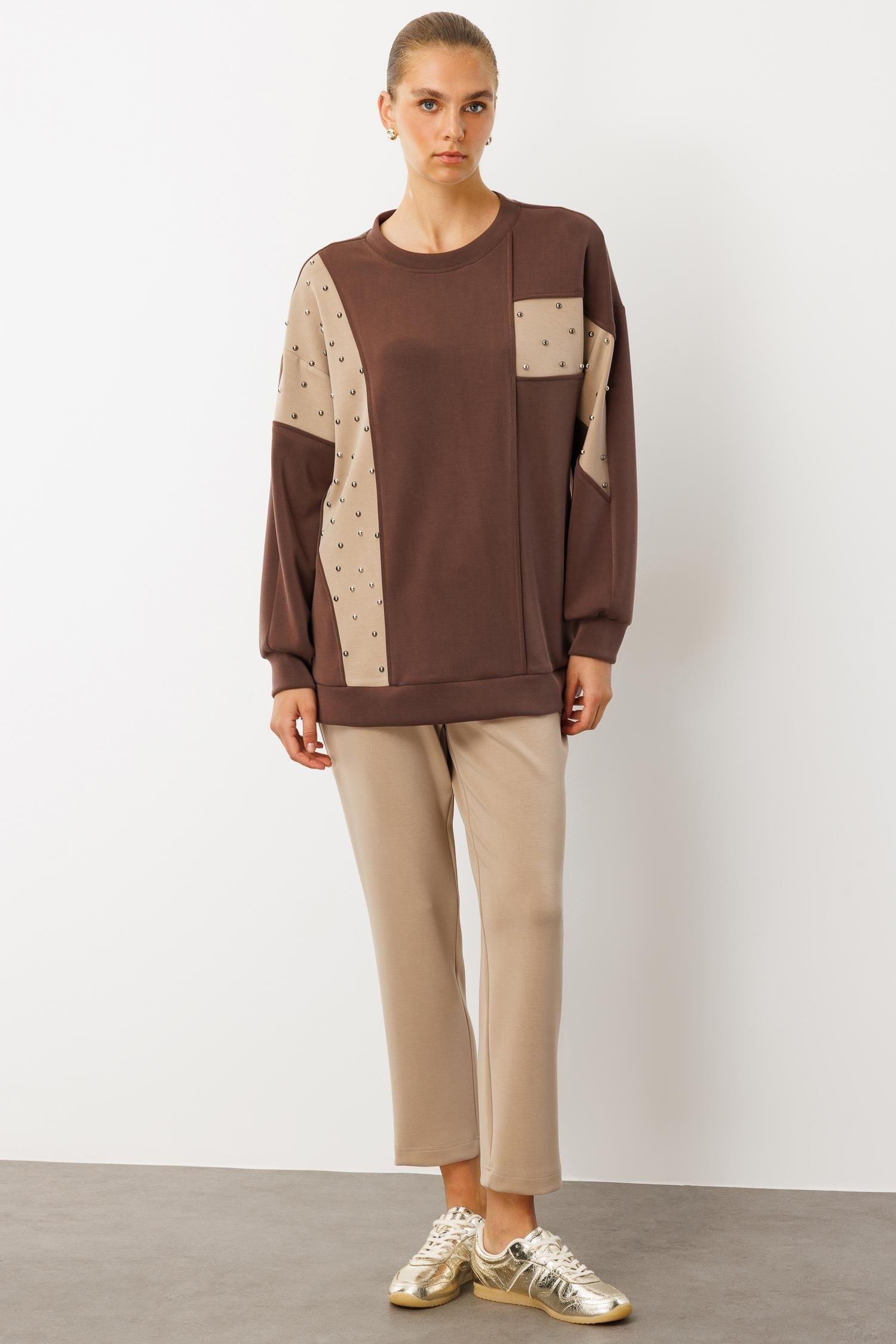 MODAİLGİ Zımbalı Kesikli Oversize Örme Tunik 15062 Kahve