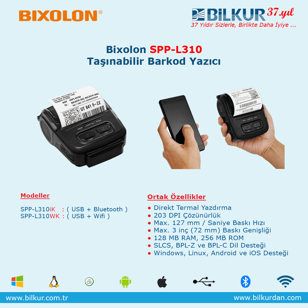 Bixolon SPP-L310WK Taşınabilir Barkod Yazıcı USB,Seri,Wifi Bağlantılı