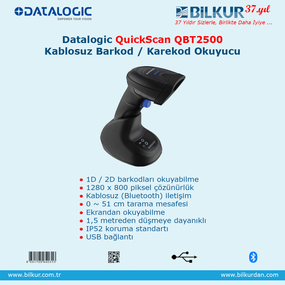 Datalogic Quicksan QBT2500 Kablosuz Karekod Okuyucu USB Bağlantılı