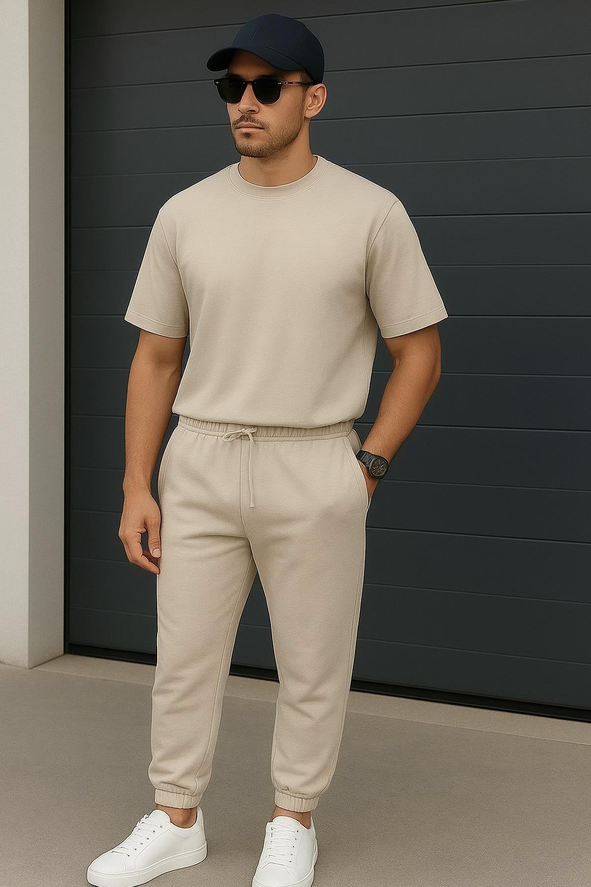 Regular Kalıp 2'li Set Relax Comfort Fit Şardonsuz Tshirt Jogger Eşofman Takımı