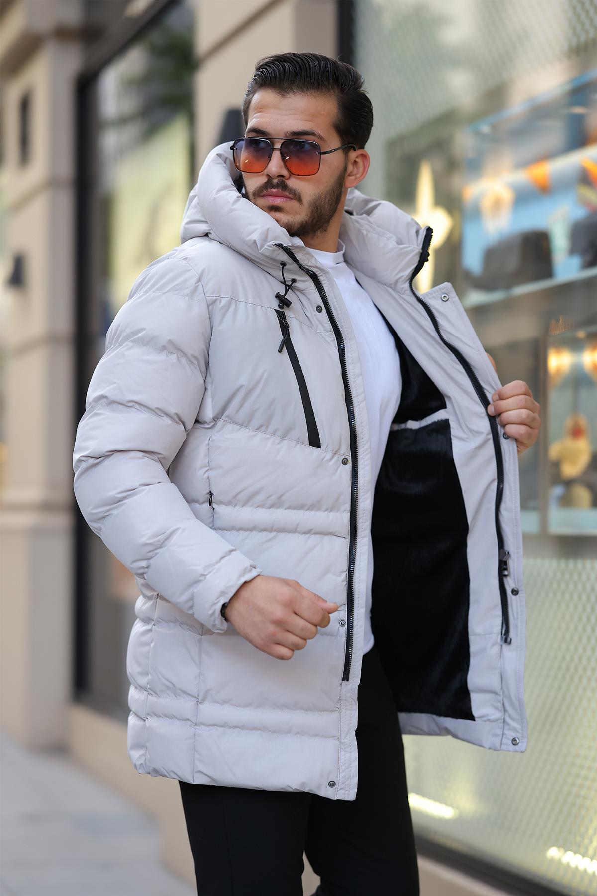 Su ve Rüzgar Geçirmez Erkek Kapüşonlu Şişme Mont