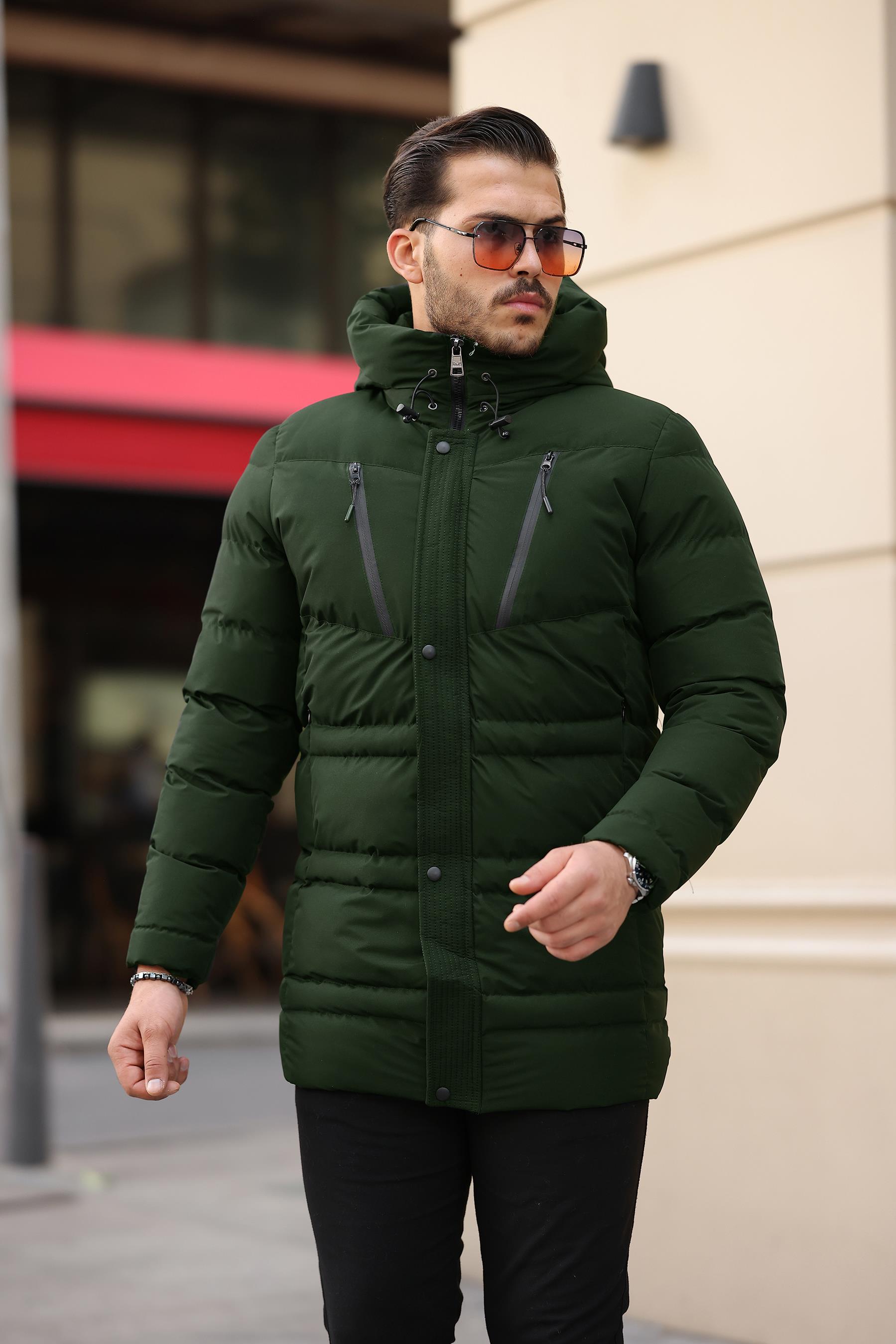 Su ve Rüzgar Geçirmez Erkek Kapüşonlu Şişme Mont