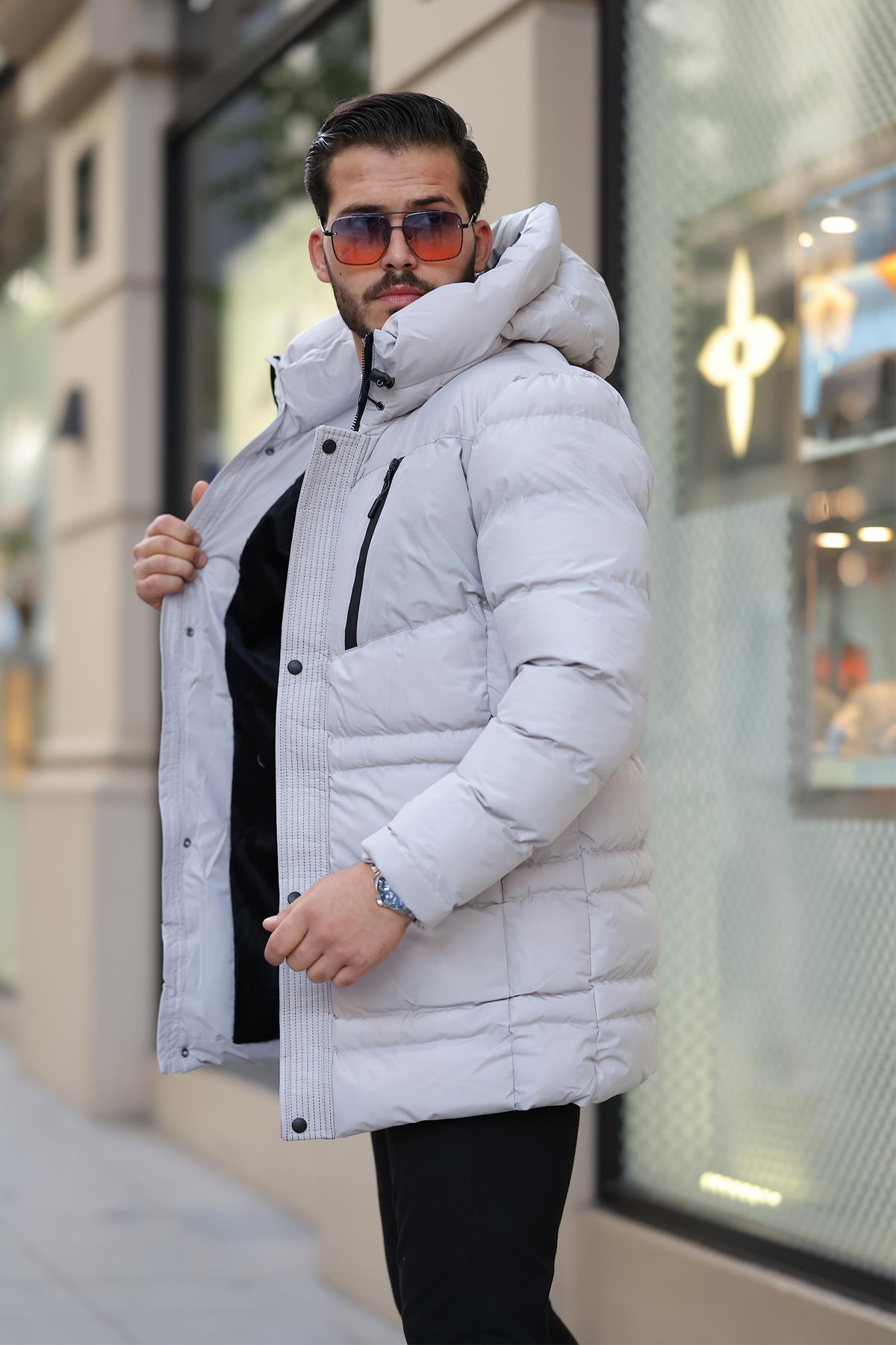 Su ve Rüzgar Geçirmez Erkek Kapüşonlu Şişme Mont