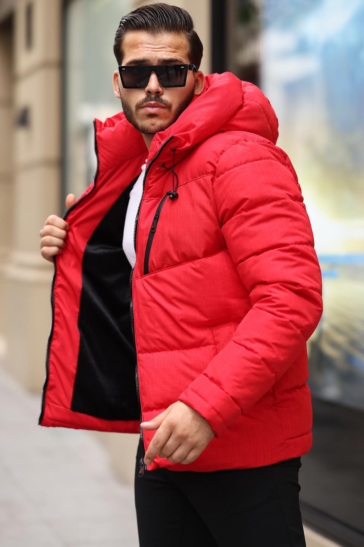 Su ve Rüzgar Geçirmez Erkek Kapüşonlu Şişme Mont