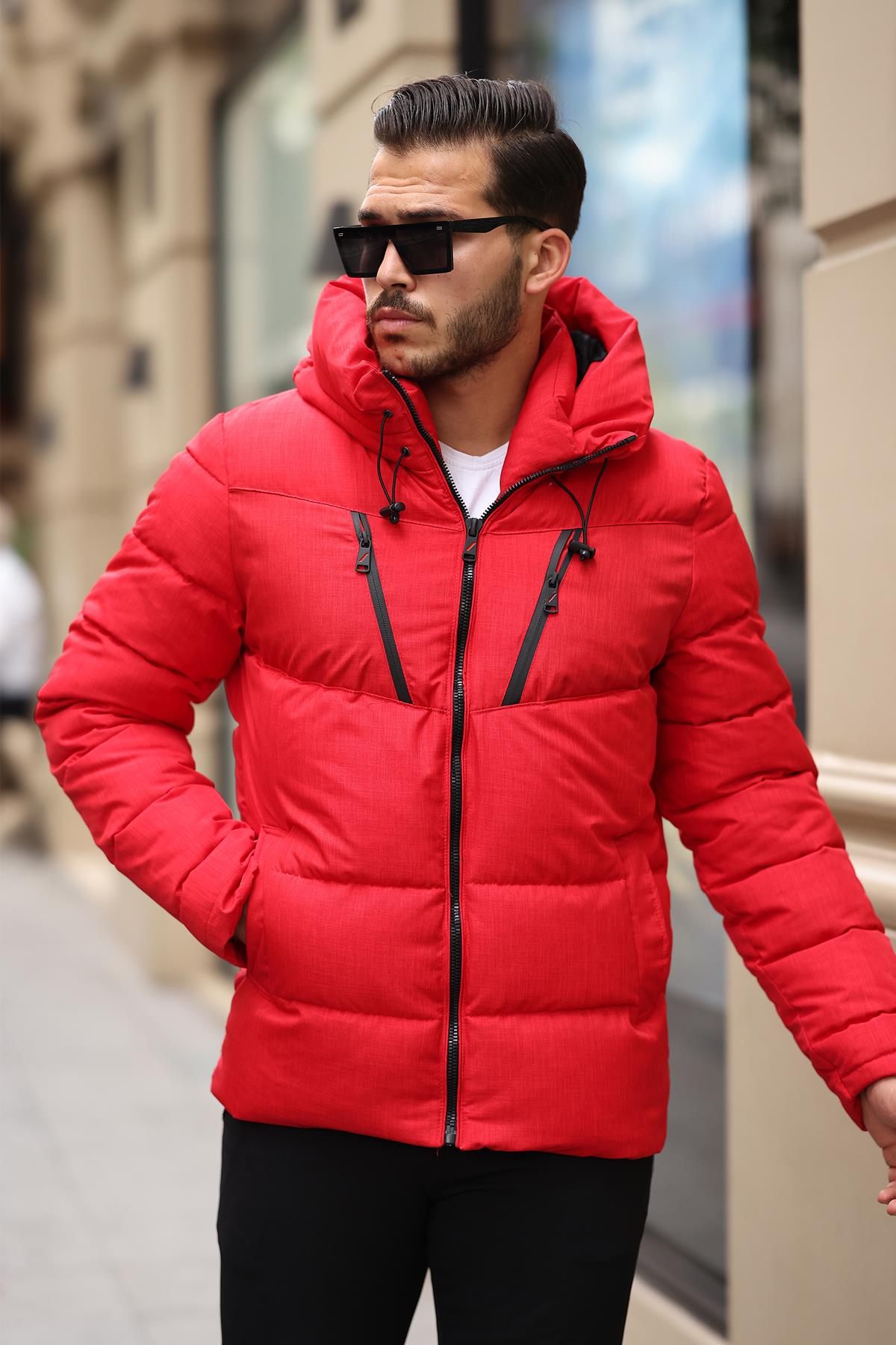 Su ve Rüzgar Geçirmez Erkek Kapüşonlu Şişme Mont