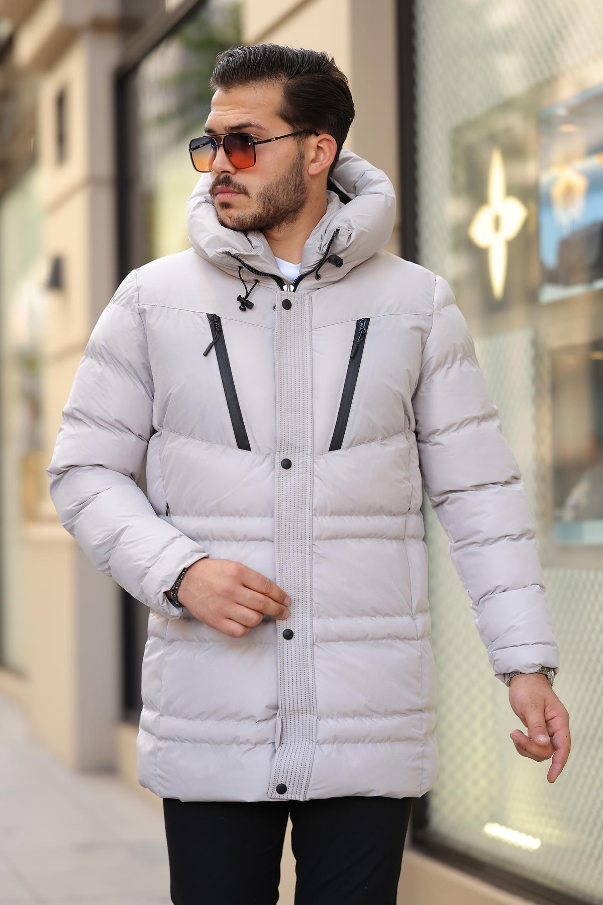 Su ve Rüzgar Geçirmez Erkek Kapüşonlu Şişme Mont