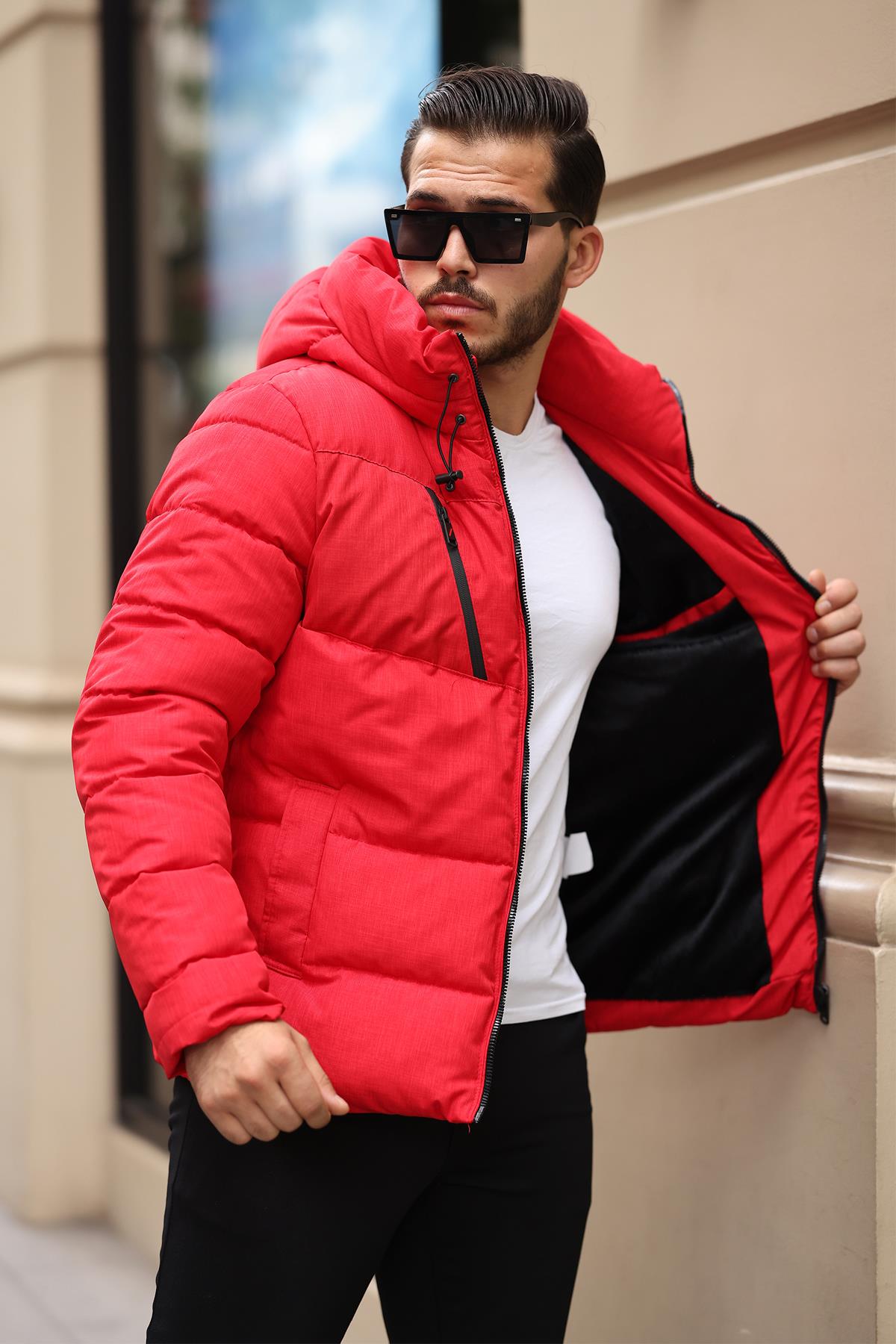 Su ve Rüzgar Geçirmez Erkek Kapüşonlu Şişme Mont