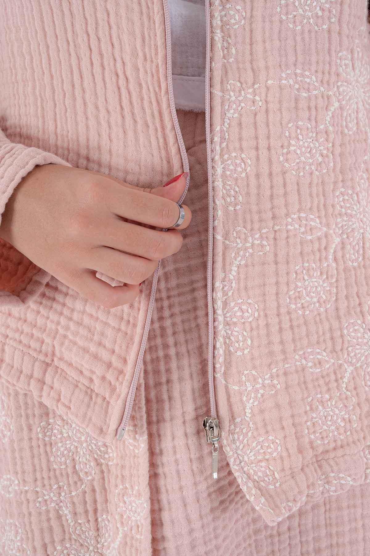 Brode Nakışlı Müslin Etek Takım Pembe