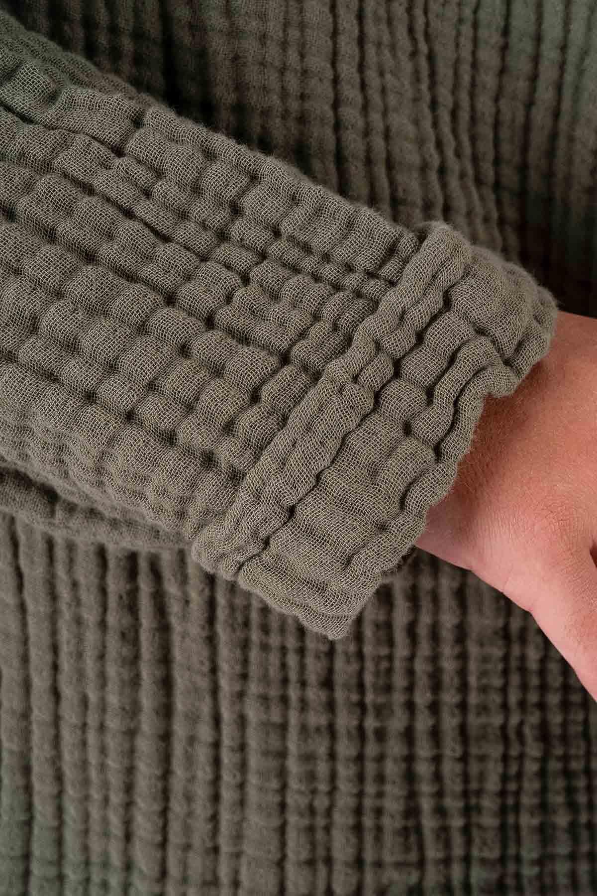 Brode Nakışlı Polo Yaka Müslin Elbise Haki