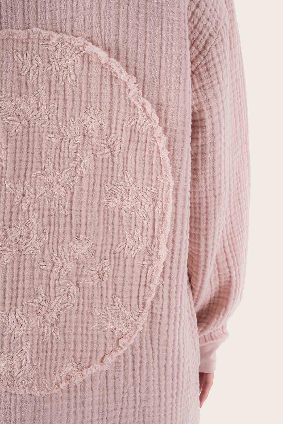 Brode Nakışlı Sırt Detay Unisex Müslin Sweat Pembe