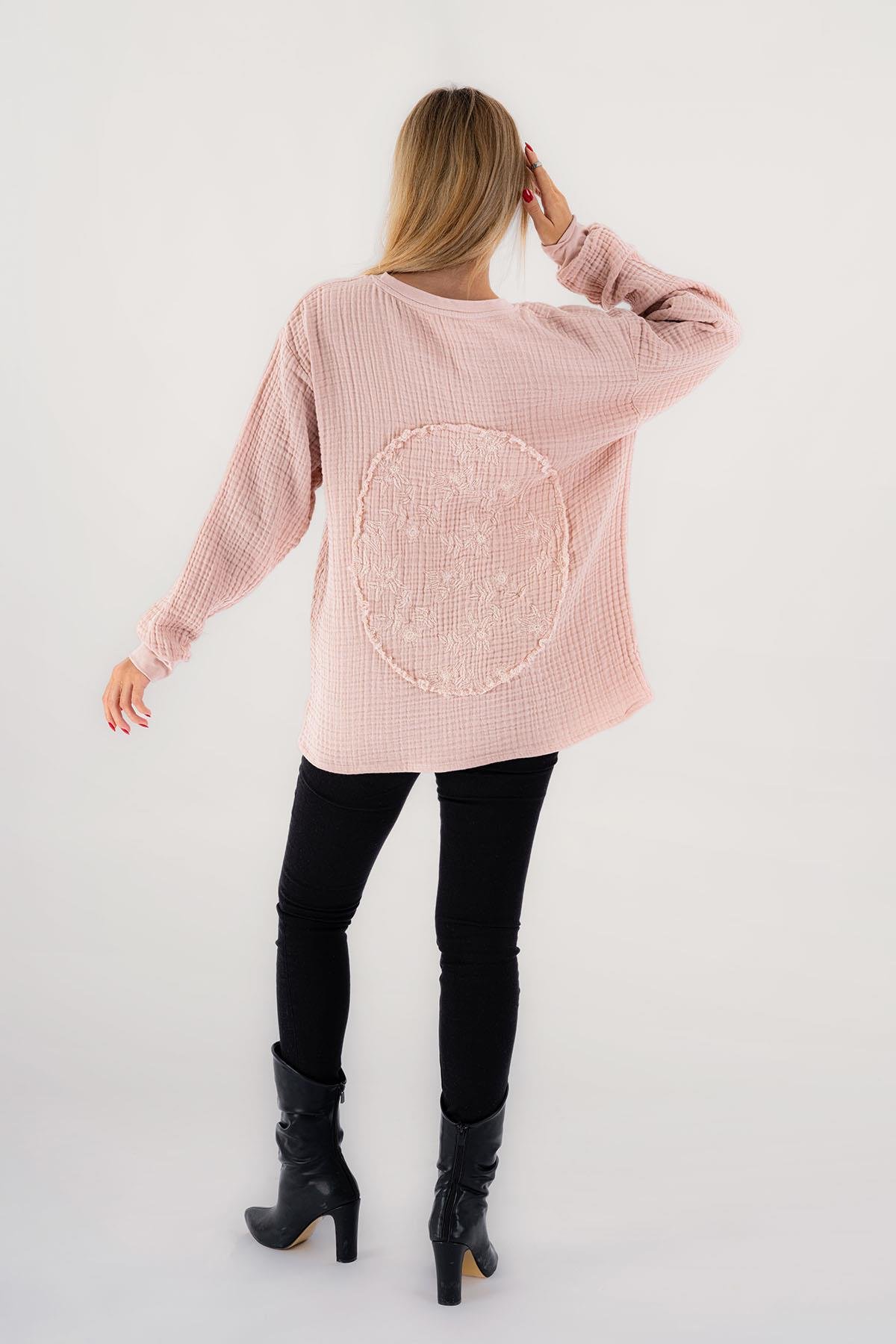 Brode Nakışlı Sırt Detay Unisex Müslin Sweat Pembe