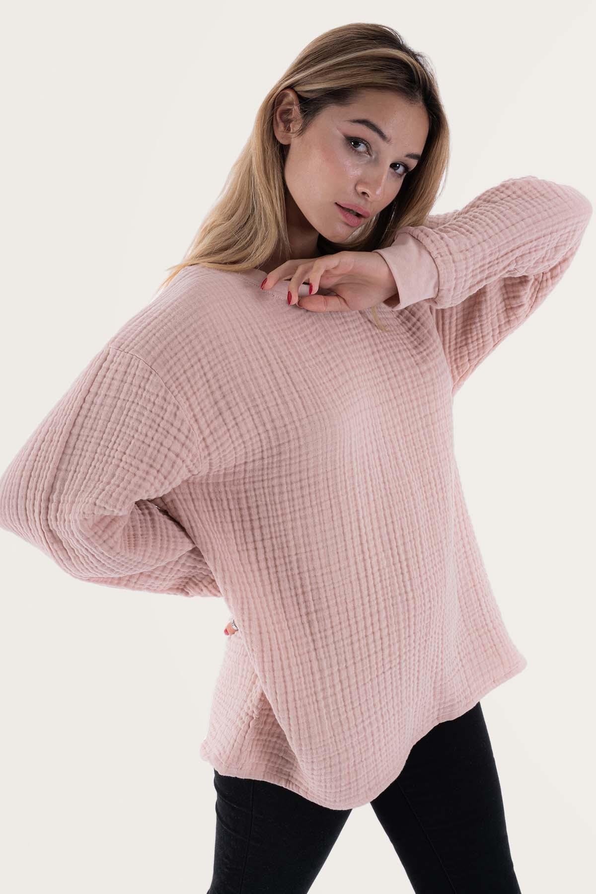 Brode Nakışlı Sırt Detay Unisex Müslin Sweat Pembe