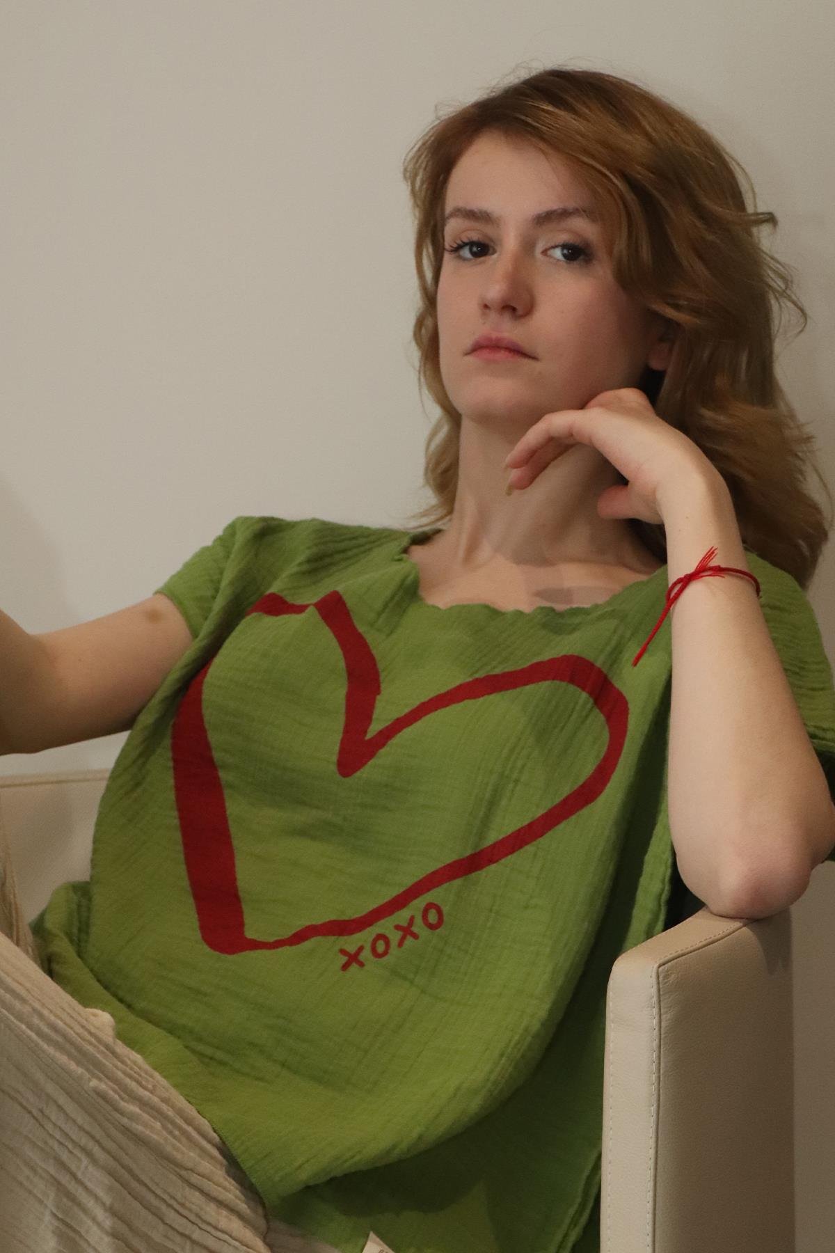 Kalp Baskılı Unisex Müslin Bluz Yeşil