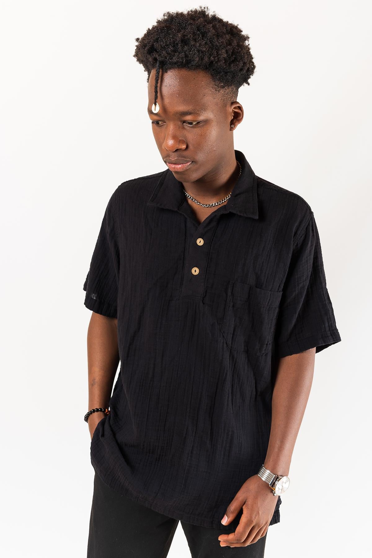 Kyra Müslin Polo Yaka Tshirt Siyah