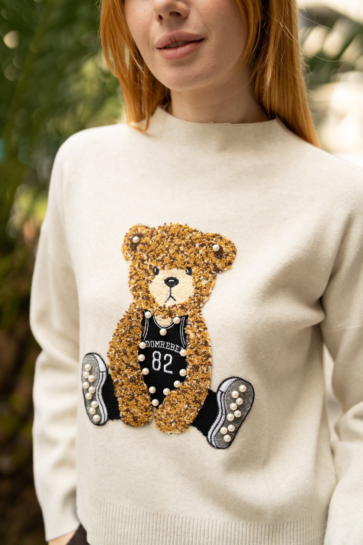 Ayıcık Baskı Detay İnci Boncuk İşlemeli Kazak