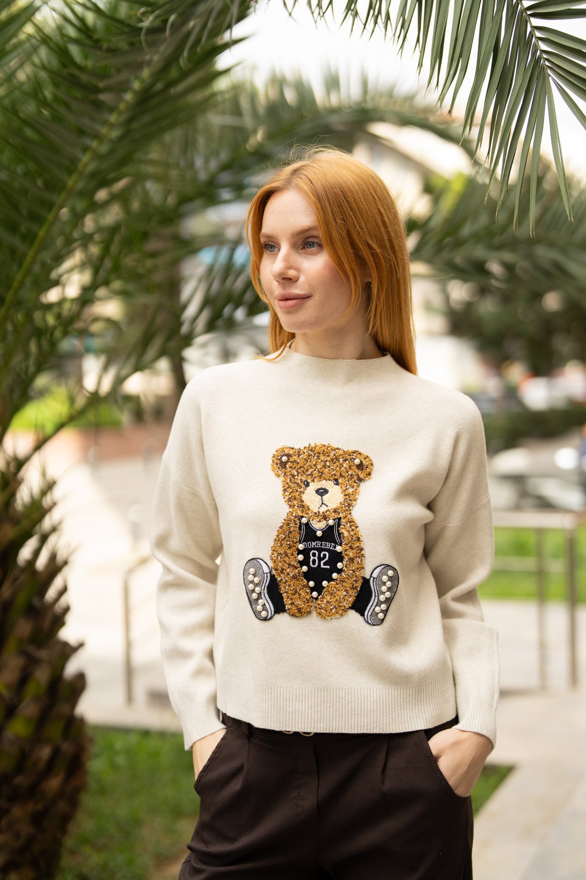 Ayıcık Baskı Detay İnci Boncuk İşlemeli Kazak