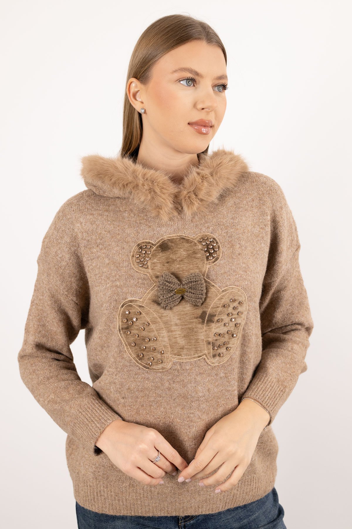 Ayıcık Kabartma Detay Peluş Kapişon Kazak