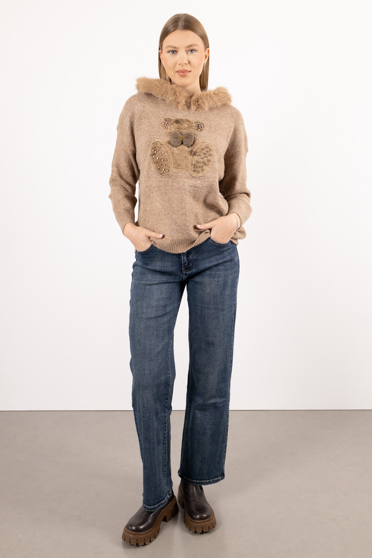 Ayıcık Kabartma Detay Peluş Kapişon Kazak