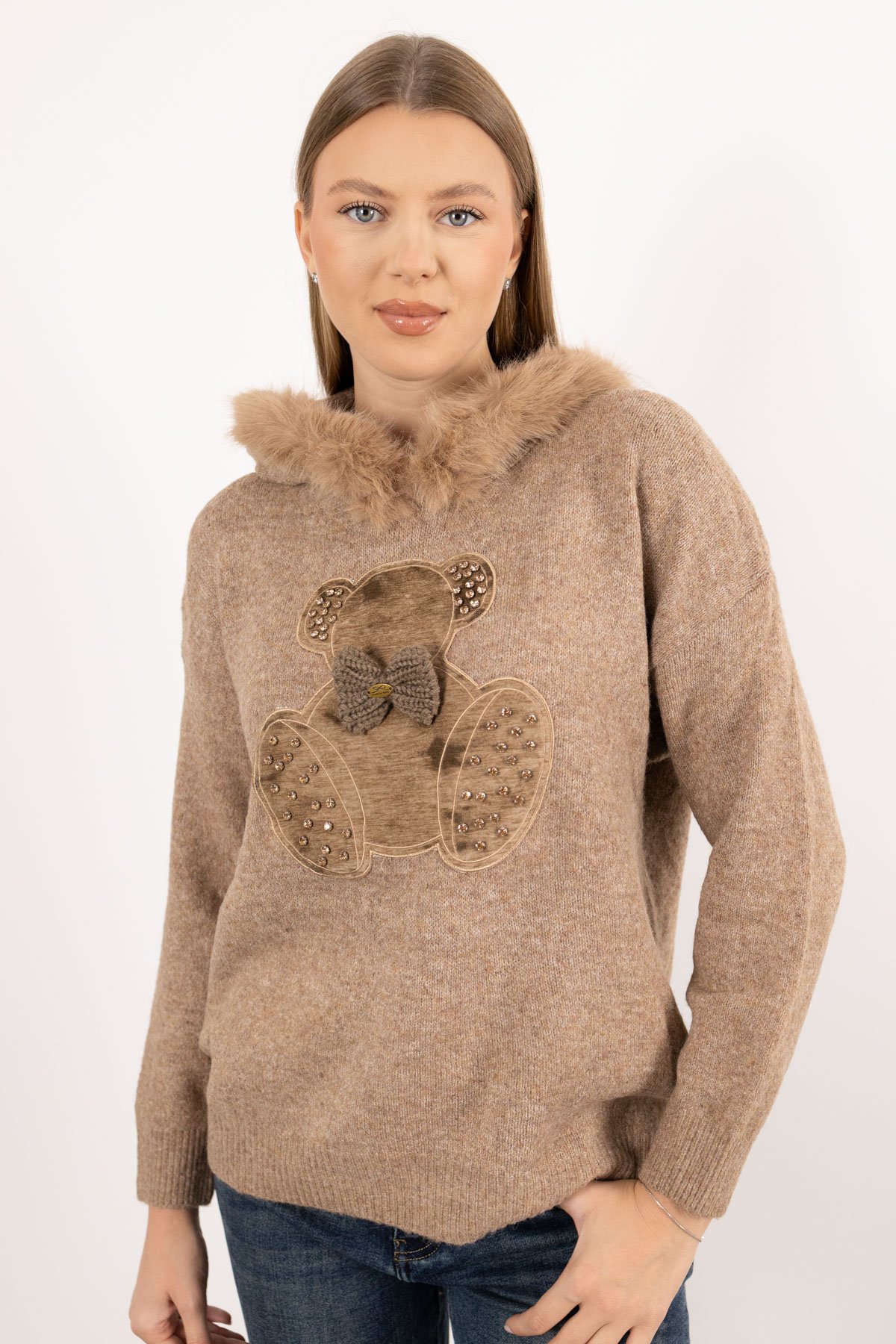 Ayıcık Kabartma Detay Peluş Kapişon Kazak