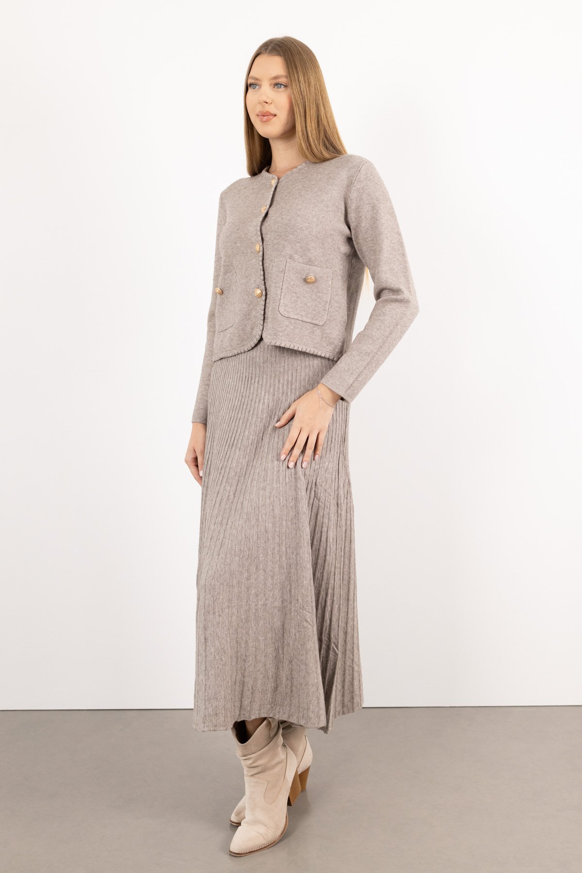 Bel Lastik Detaylı Çubuk Desenli Triko Etek